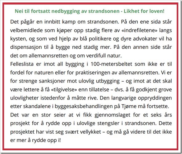 Felleslistas løpeseddel: Nei til fortsatt nedbygging av strandsonen